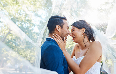 Buy stock photo Outdoor, love or happy couple with veil for wedding, union ceremony or romantic moment for connection. Laugh, commitment or people with marriage celebration in park, support or trust for special day