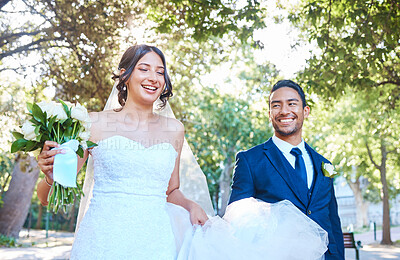 Buy stock photo Wedding, couple and happy with bouquet at park for vow commitment, union and relationship. People, groom and bride with flowers in nature for marriage ceremony, love celebration and bonding together