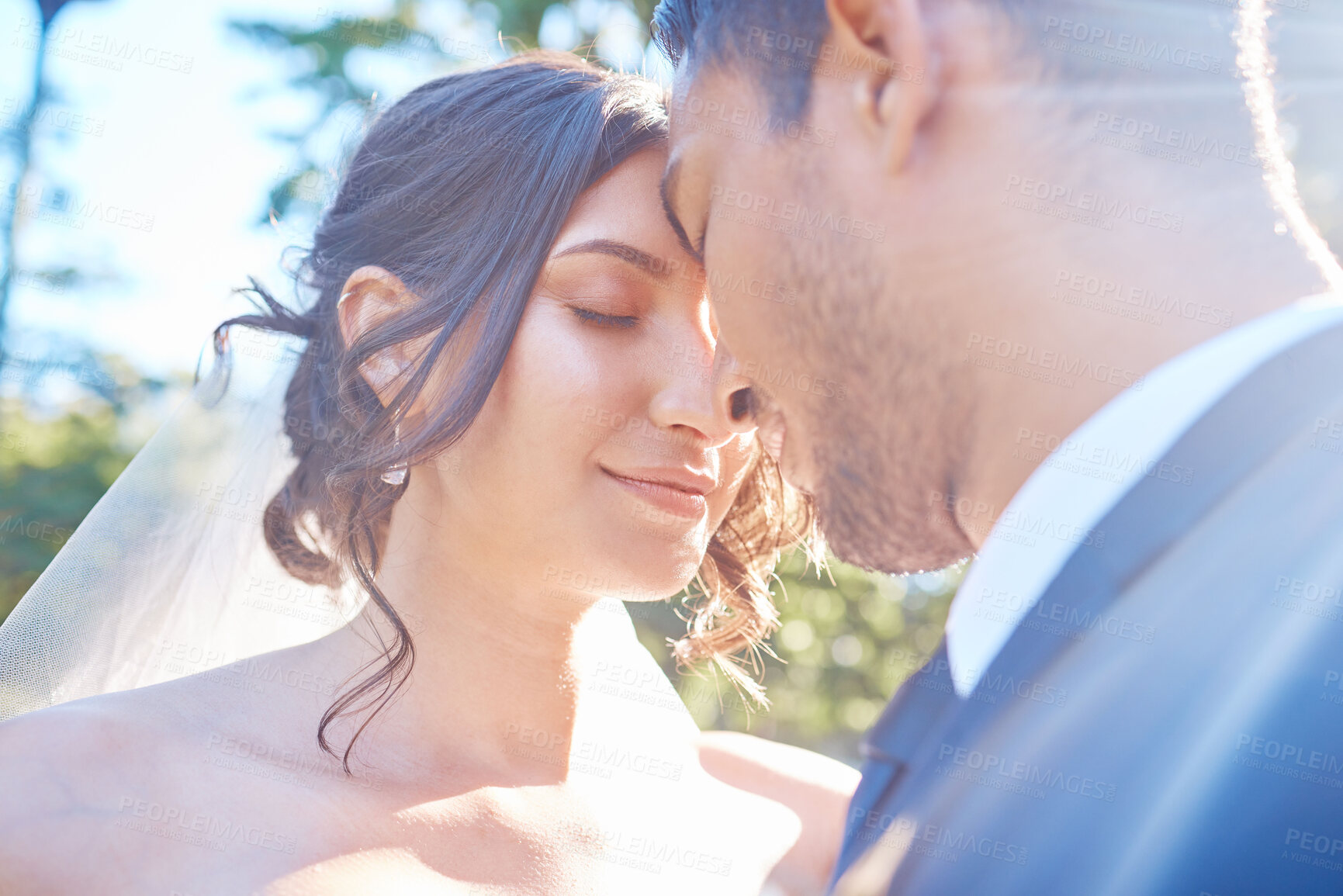 Buy stock photo Nature, support or couple with love for wedding, marriage celebration or smile for devotion. Outdoor, sunshine or people with happiness for relationship, romantic connection or commitment together