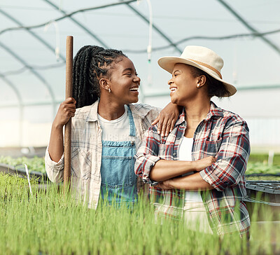 Buy stock photo Happy, farming and teamwork with black women outdoor for discussion, planning and greenhouse. Laugh, people or farmer for agriculture industry, sustainable business and pride for quality assurance