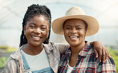 Buy stock photo Portrait, farming and black women with smile at greenhouse for career pride, about us and agro. Happy, people or farmer team for agriculture industry, sustainable business and hug for partnership