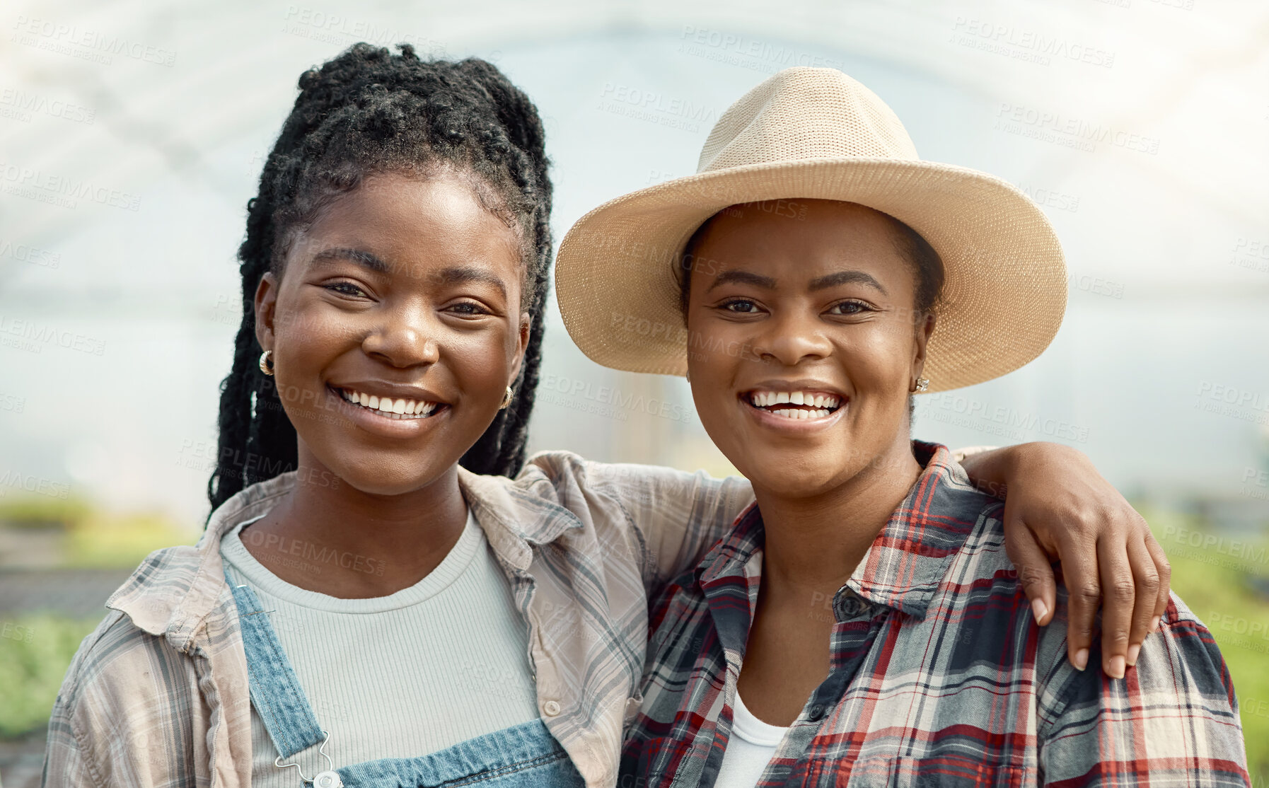 Buy stock photo Portrait, farming and black women with smile at greenhouse for career pride, about us and agro. Happy, people or farmer team for agriculture industry, sustainable business and hug for partnership