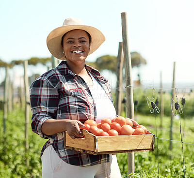 Buy stock photo Farm, sustainable and portrait of black woman with tomatoes for agro business, agriculture or growth. Eco friendly, smile and African female person with crate of vegetables for outdoor harvest.