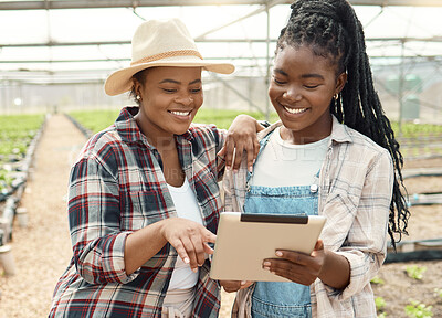 Buy stock photo Tablet, farming and black women with teamwork outdoor for progress, growth and greenhouse. Happy, people or farmer app on tech for agriculture industry, sustainable business and food production