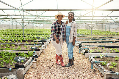 Buy stock photo Portrait, team and black women with smile in greenhouse outdoor for career pride and collaboration. Happy, people and farmer for agriculture industry, sustainable business and herb production
