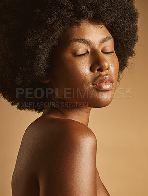 Buy stock photo Hair, afro and natural beauty of black woman on studio background for bronze glow or shine. African person, eyes closed and cosmetics for skincare, self care and wellness or aesthetic with texture
