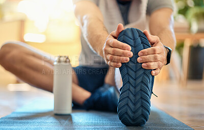 Buy stock photo Hands, athlete and man stretching at house for fitness, start exercise and training preparation. Feet, person and getting ready with muscle warm up, physical activity and workout challenge in lounge