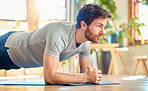 One fit young caucasian man doing elbow plank hold bodyweight exercise while training at home. Focused guy challenging himself to gain muscle, enhance upper body, core strength and increase endurance during workout