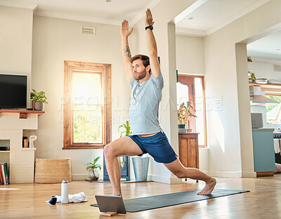 Buy stock photo Yoga, tablet and man in home with stretching for crescent lunge, improve balance and virtual lesson. Yogi, person and technology with pose on mat for online tutorial, wellness and fitness routine