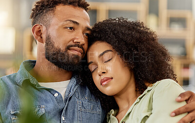 Buy stock photo Couple, relax and embrace with love at house for affection, partner support and comfortable. Thinking, African people and rest with eyes closed, calm morning and stress free for weekend break in home