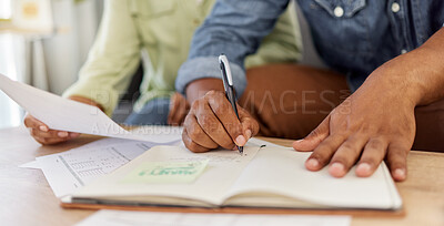 Buy stock photo Hands, couple and writing in notebook at house for finance planner, review budget and bills invoice. People, paperwork and application for home insurance, mortgage expenses and reminder for payment