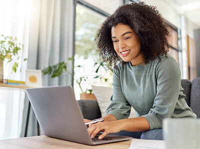Buy stock photo Smile, woman and typing with laptop at house for research, finance report and expenses. African female person, pc or email with documents, financial information and online payment for household bills