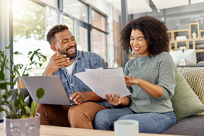 Buy stock photo Happy, paperwork and couple with laptop on sofa for financial form or home investment. Smile, reading or man and woman talking with documents for salary increase, savings or online application 