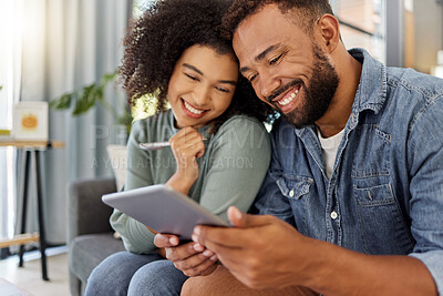 Buy stock photo Smile, couple and relax with tablet at house for social media, browsing website and bonding. Happy, African people and digital for streaming video, download movies and subscription for weekend break