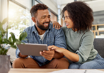 Buy stock photo Couple, relax and laughing with tablet at house for social media, browsing website and bonding. Happy, African people and digital for streaming video, comedy movies and subscription for weekend break