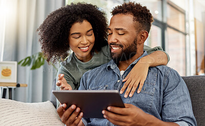 Buy stock photo Happy, couple and relax with tablet at house for social media, browsing website and bonding. African people, embrace and digital for streaming video, download movies or subscription for weekend break