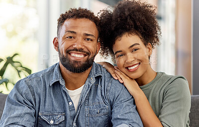 Buy stock photo Couple, portrait and love in home with smile for bonding, connection and trust in marriage. Happiness, together and African man and woman relax on sofa in house for commitment, support and partner