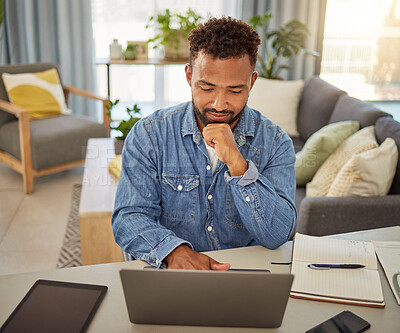 Buy stock photo Thinking, man and smile with laptop in home for draft review,  manuscript comments and remote work. Freelance editor, african person and tech for proofreading, editing article and approval decision