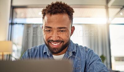 Buy stock photo Reading, man and smile with laptop in home for newsletter review, story revision and remote work. Freelance editor, african person and tech for proofreading, editing article and fact checking source