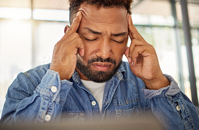 Buy stock photo Business, man and headache with laptop at house for fatigue, brain fog and article mistake. Stress, male person and remote work with migraine for copywriting error, burnout and pressure for deadline