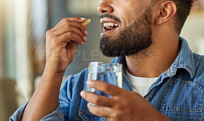 Buy stock photo Hands, water and man with medicine at house for health, medical dosage and supplements. Happy, male person and glass with drugs for magnesium, omega 3 and vitamin capsule for healthcare healing