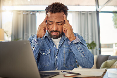 Buy stock photo Business, man and migraine with laptop at house for fatigue, brain fog and article mistake. Stress, male person and remote work with headache for copywriting error, burnout and pressure for deadline