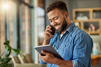 Buy stock photo Phone call, smile and man with tablet in home office for social media, talent agent or communication. Freelancer, influencer marketing and person with tech for message, networking or web ad campaign