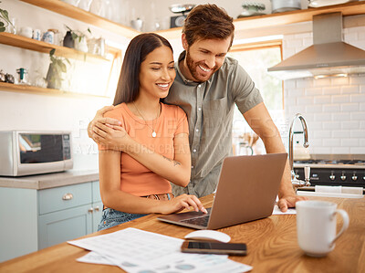 Buy stock photo Laptop, budget and love with couple in kitchen for joint savings account, mortgage or audit payment. Reading, online banking and financial planning with man and woman in home for tax return documents