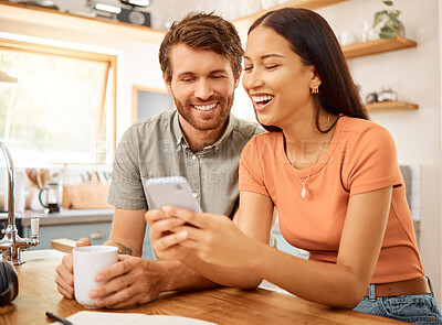 Buy stock photo Laugh, phone and coffee with couple in kitchen for social media post, reading and bonding. Online funny joke, drinking tea and morning news with man and woman in home for connection, app and smile