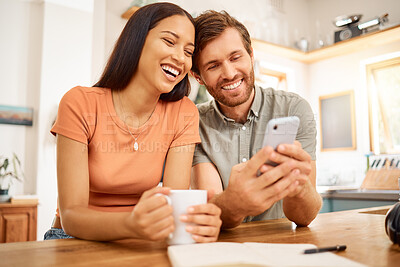 Buy stock photo Funny, phone and coffee with couple in kitchen for social media post, reading and bonding. Online joke, drinking tea and morning news with man and woman in home for connection, app and smile