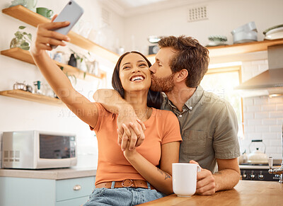 Buy stock photo Smile, couple and kiss with selfie at house for photography, social media post and bonding. Happy, people and embrace for profile picture update, capture romantic moment and memory for weekend break