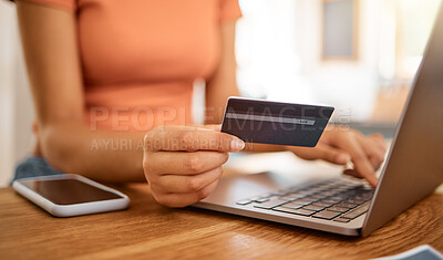 Buy stock photo Hands, laptop and credit card for online shopping, bills or payment for subscription in home. Person, ecommerce or internet banking with info, password or transaction with pc for webshop at house
