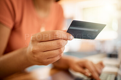 Buy stock photo Hand, credit card and ecommerce with transaction or payment, laptop and internet banking in home. Person, online shopping and checkout with account, money transfer or purchase, membership or webshop