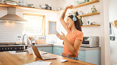Buy stock photo Woman, dance and headphones with phone in kitchen for music, break and entertainment with happiness. Song, radio and person moving with cellphone, audio tech and singing with subscription in home
