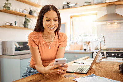 Buy stock photo Woman, phone and finance in home with smile, pay slip update and online banking at laptop. Person, mobile and tech in kitchen for account management, debt payment and happy for easy transaction