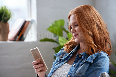 Buy stock photo Home, phone and woman with smile for communication, texting and chat on weekend. Relax, reading and happy person typing on mobile app for online connection, internet and subscription service