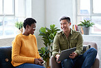 Friends using digital tablet computer asian man showing african american woman touchscreen device colleagues working together sharing ideas
