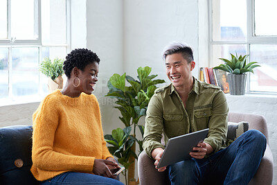 Buy stock photo Laugh, break or team in office with tablet, video streaming or comic post on online site. Smile, people or employees with tech, internet comedy or show subscription on entertainment platform.