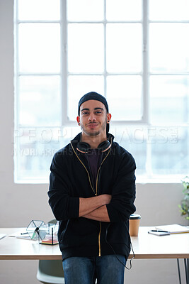 Buy stock photo Portrait, arms crossed and creative man in office for internship, magazine publication and pride. Artistic editor, confidence and professional person in media agency for career development and growth
