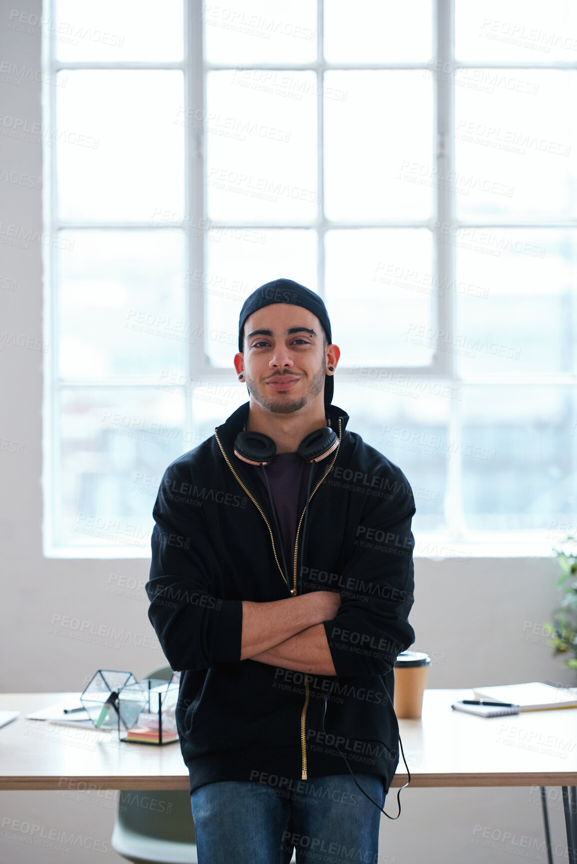Buy stock photo Portrait, arms crossed and creative man in office for internship, magazine publication and pride. Artistic editor, confidence and professional person in media agency for career development and growth