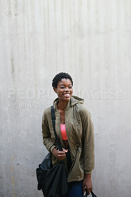 Buy stock photo Bags, student and thinking with black woman on campus for education at college or university. Concrete wall, future and space with happy person at school for development, scholarship or vision