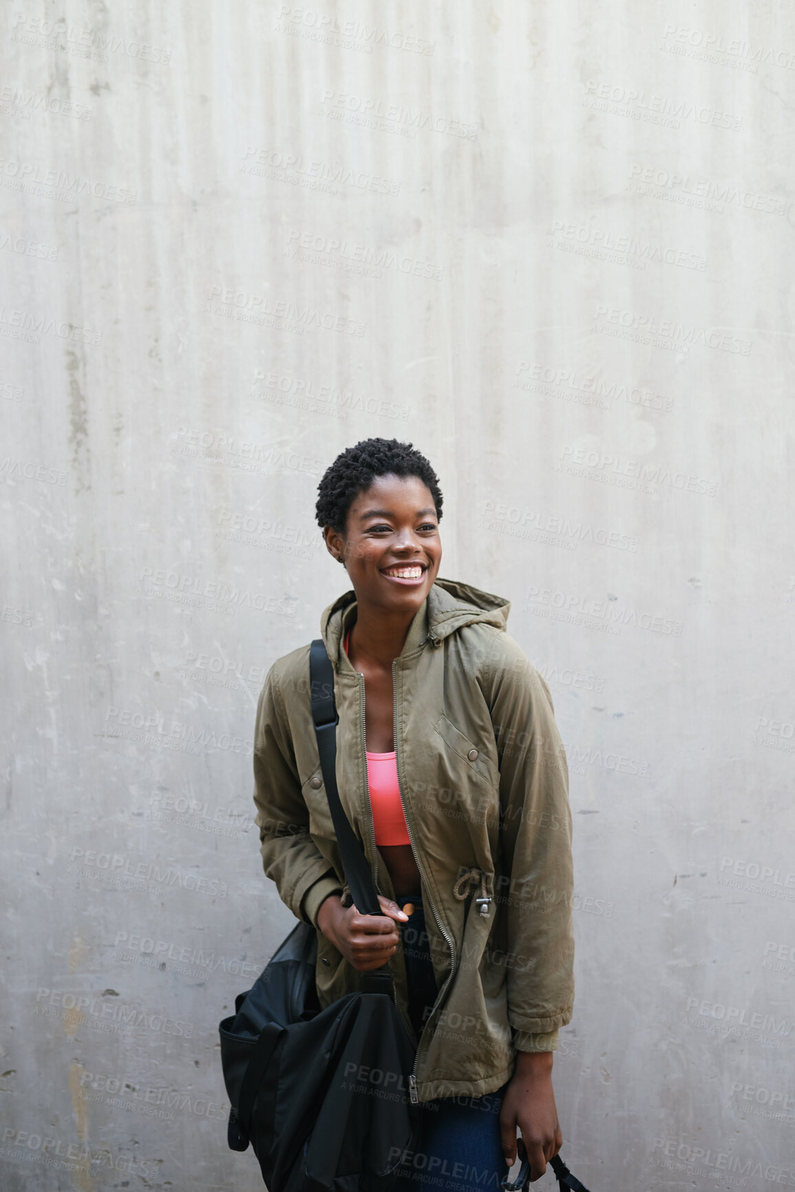 Buy stock photo Bags, student and thinking with black woman on campus for education at college or university. Concrete wall, future and space with happy person at school for development, scholarship or vision