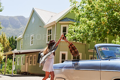 Buy stock photo Woman, car and bag with travel for road trip, adventure and freedom or journey for vacation. Excited, female person and passenger with vintage vehicle for holiday, transport and tourism or weekend