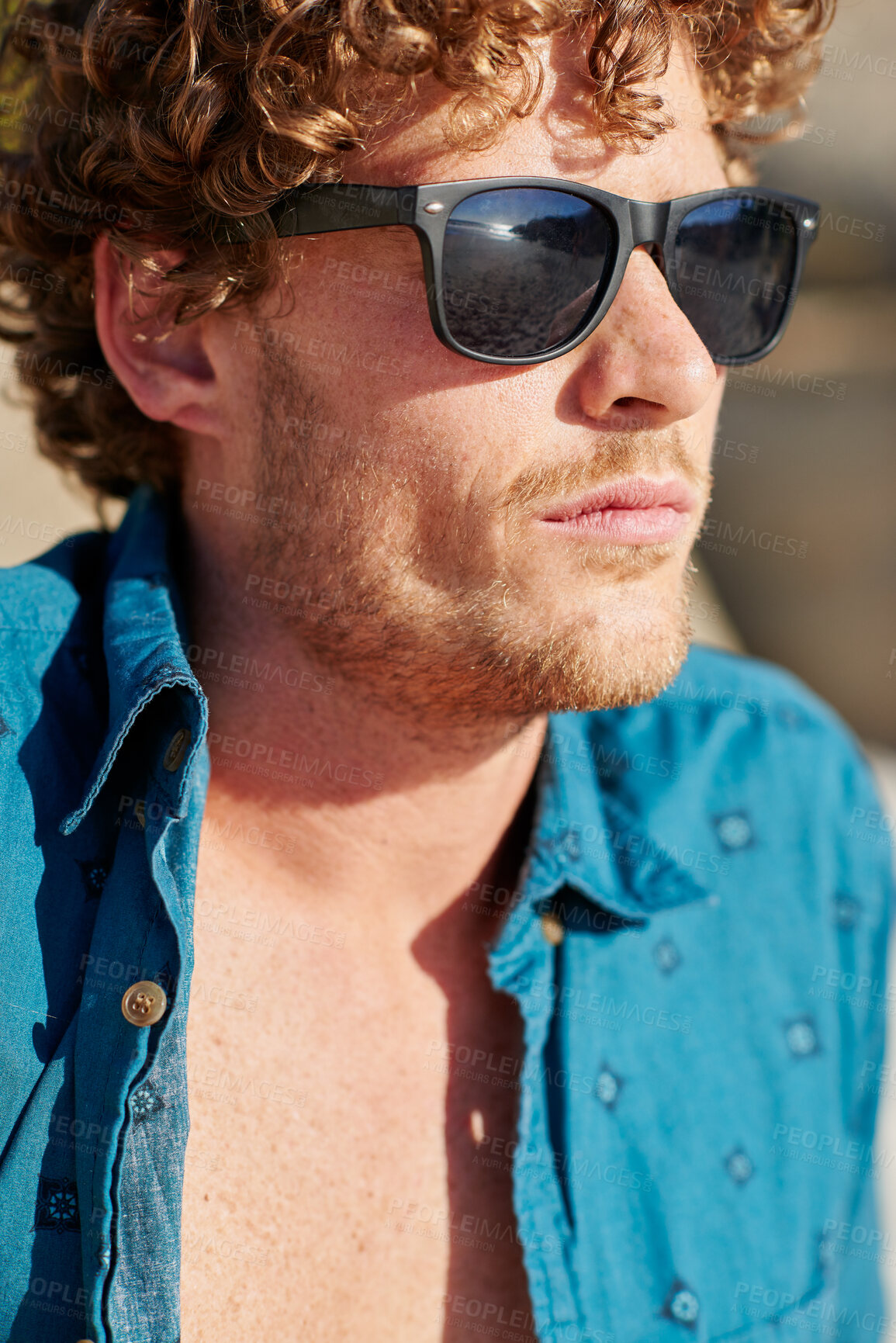 Buy stock photo Summer, thinking and man in nature with sunglasses for style on holiday, vacation and weekend. Beach, thoughtful and person with accessories for travel, tourism and relax outdoor with reflection