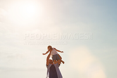 Buy stock photo Space, playing and father with child outdoor for bonding, connection or love together on holiday. Happy, sky and dad with girl kid for flying game with trust, safety and care on weekend in summer.