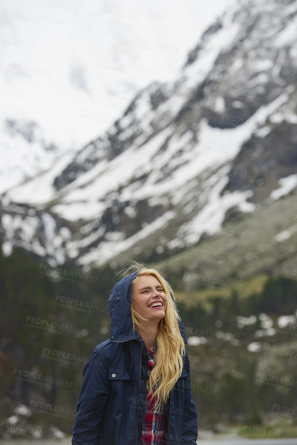 Buy stock photo Happy, woman and hiking in nature with winter holiday, outdoor tourist exploration or snow on mountain. Space, female person smile and peace with adventure, cold climate or travel vacation in Canada.