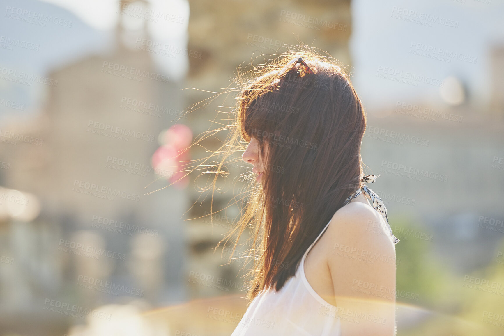 Buy stock photo Travel, thinking and woman outdoor for vacation, view and sightseeing on adventure with wind. Holiday, reflection and person in city for tourism, mindset and profile for exploration with memory