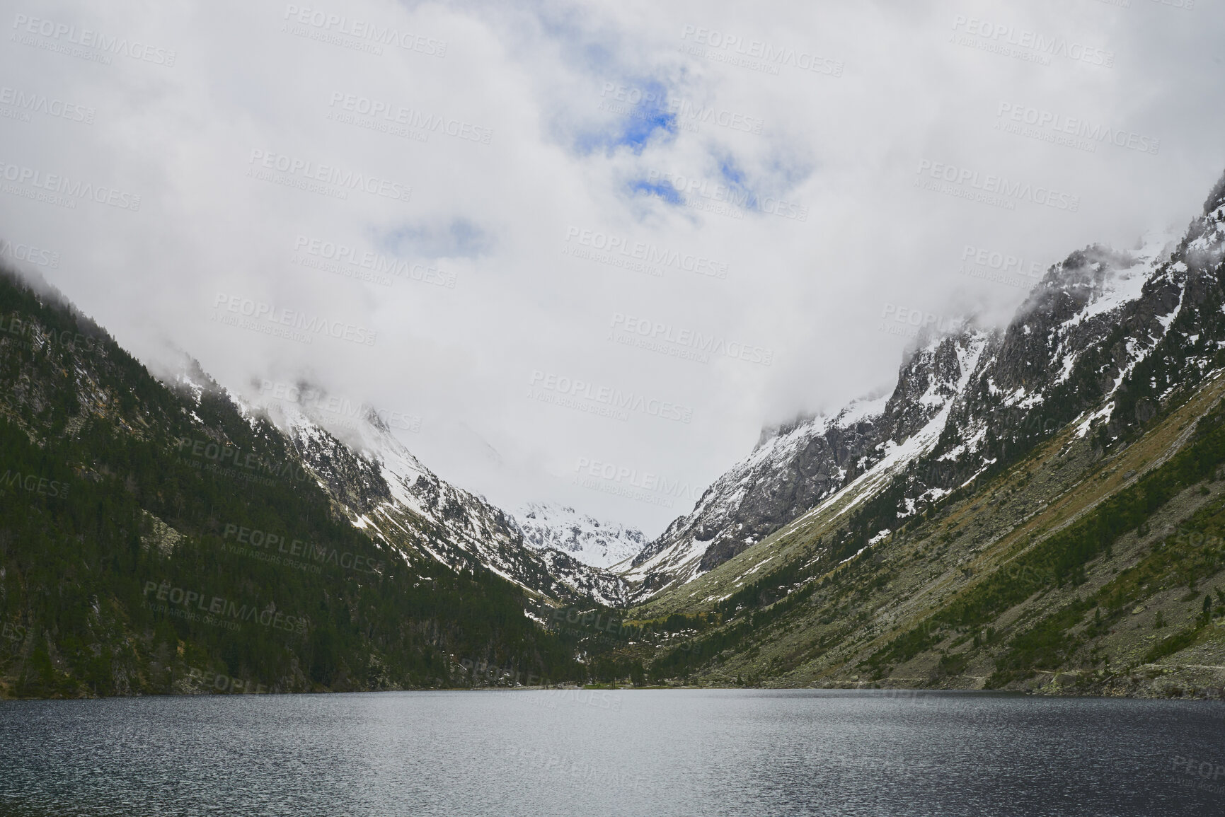 Buy stock photo Mountain, lake and snow landscape with nature for travel, environment or sustainability. Journey, water and clouds in sky for winter season, climate change or exploration for outdoor background