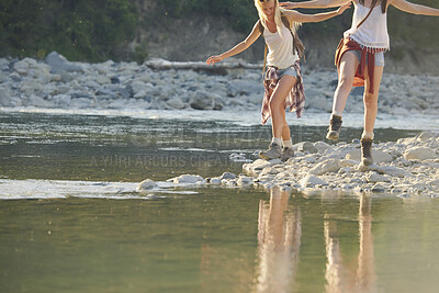 Buy stock photo Travel, walking or friends at lake with fun, good time and bonding trip on summer break. Sunshine, space or women at river with adventure, vacation connection or playful stroll for outdoor getaway.