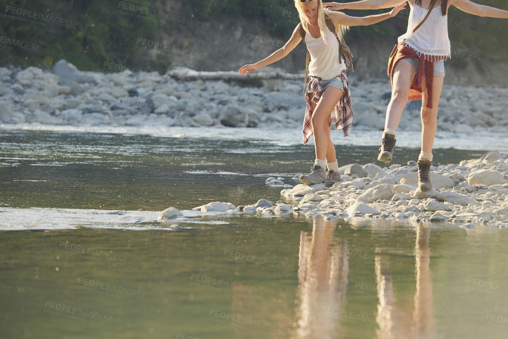 Buy stock photo Travel, walking or friends at lake with fun, good time and bonding trip on summer break. Sunshine, space or women at river with adventure, vacation connection or playful stroll for outdoor getaway.